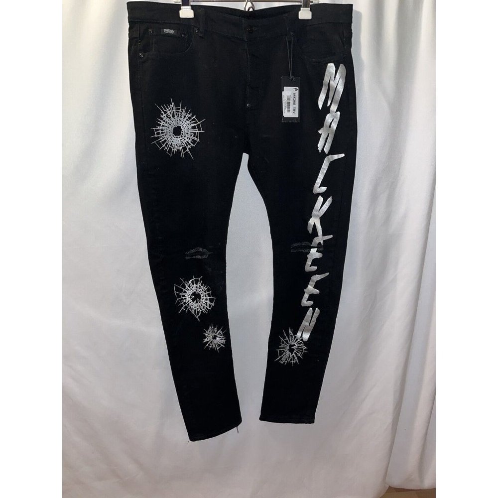 Mackeen Jeans Men 42x32 Button Fly Denim Jeans Black Bullet Hole Graphics
